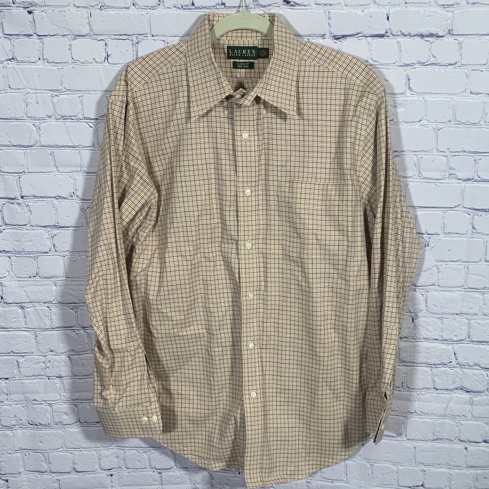 Lauren Ralph Lauren Men Classic Fit Non-Iron Plaid Dress Shirt Tan Multi Sz 17.5